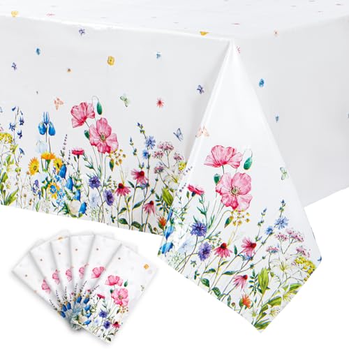 6 Pcs Summer Floral Tablecloth Butterfly Wildflower Plastic Disposable Tablecloth Rectangle Flower Table Cover for Summer Picnic Dining Birthday Tea Party Decorations (54 x 108 Inch) - size: 54 x 108 Inch