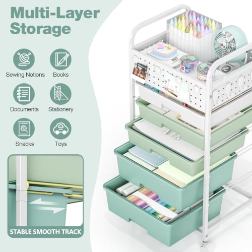 5 Drawer Rolling Storage Cart with Pegboard Top and Hooks, Gradient Green - color: Gradient Green, size: 5-Drawers
