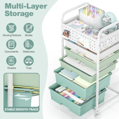 5 Drawer Rolling Storage Cart with Pegboard Top and Hooks, Gradient Green - color: Gradient Green, size: 5-Drawers