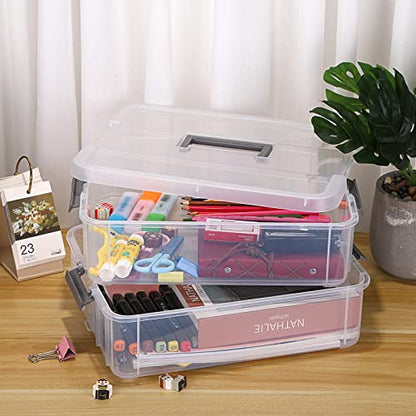 JUXYES 2-Tiers Plastic Stack Carry Storage Containers Box wih Handle Lids - color: Dark Gray