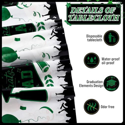 Kinlop 3 Pcs Graduation Tablecloths Class of 2026 Graduation Party Decoration Supplies 51" x 108" Plastic Congrats Grad Table Covers Disposable Graduate Tablecloths(Black, Green) - color: Black, Green