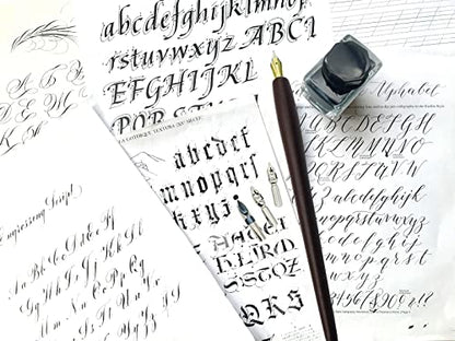 Plotube Calligraphy Pen Set, 11 Nibs, Black Ink, Pen Stand | Wooden dip pen for writing, 11 calligraphy pens nibs, 1 bottle of black ink, golden pen stand, beginners' manual - color: Black