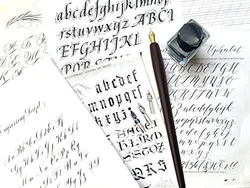 Plotube Calligraphy Pen Set, 11 Nibs, Black Ink, Pen Stand | Wooden dip pen for writing, 11 calligraphy pens nibs, 1 bottle of black ink, golden pen stand, beginners' manual - color: Black