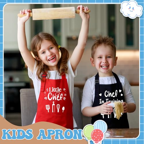 3 Pack Kids Apron for Cooking Adjustable Kids Chef Aprons | Kitchen Funny Aprons with Pockets for Boys Girls Toddler Painting Baking Artist Apron - color: Black,white,red