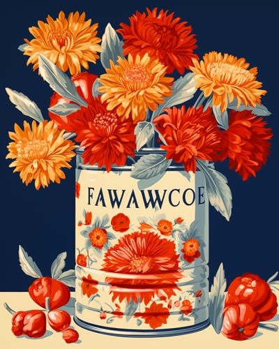 Tucocoo Orange and Red Flowers in a Tin Can Paint by Numbers Kits 16x20 inch Canvas DIY Oil Painting for Kids, Students, Adults Beginner with Brushes Acrylic Pigment Vintage Style Painting(DIY Frame) - color: Floral in Tin 02, size: 16''x20''(DIY Frame)