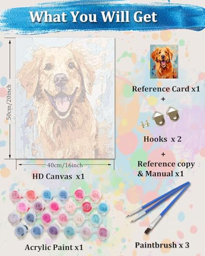 TOCARE Golden Retriever Paint by Numbers Kit for Adults, Dog Paint by Number Canvas for Adults Beginner Puppy Animal 16x20inch - color: Dog