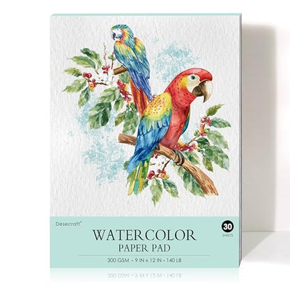 Desecraft Watercolor Paper Pad 9x12 Inch, 30 Sheets 140lb/300gsm Cold Press, Acid-Free Heavyweight Artist Sketchbook for Watercolors, Acrylics, Gouache, Ink & Mixed Media Painting and Drawing