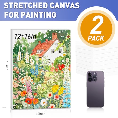 ESRICH Stretched Canvas for Painting 12x16 Inch, 2 Pack Blank Canvas -5/8 in Profile Primed Cotton White Canvases for Painting for Oil & Acrylic Paint - size: 12x16in