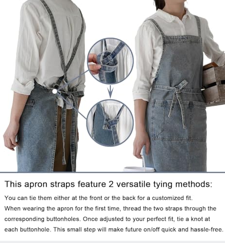 Cross Back Denim Apron with Large Pockets for Men and Women Soft and Unisex - color: Style a - Deep Blue