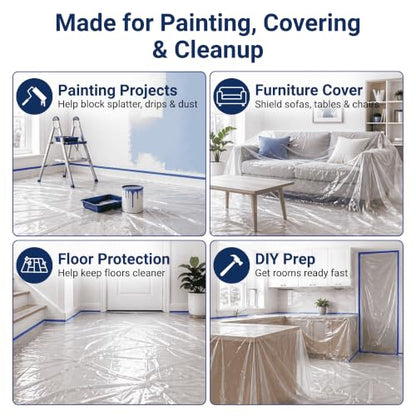 VICMORE Clear Plastic Drop Cloths 9 x 12 Ft, 1 Mil, 2 Pack | Two Clear PE Drop Cloths for Painting, Floor and Furniture Cover, Waterproof Barrier, Dust Control, and Easy Cleanup