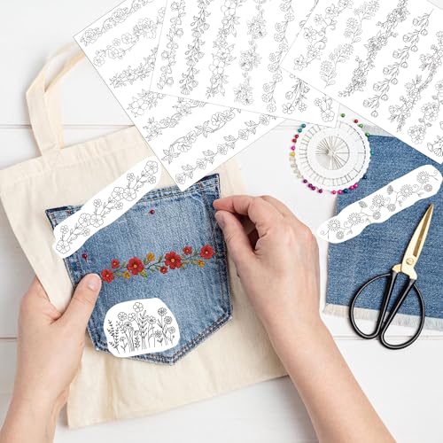 Water Soluble Stabilizer Embroidery Pattern - Flower Border Stick & Stitch Embroidery Paper Wash Away, Running Border Hand Sewing Patterns for Jean Bag T-Shirt (4 Sheets) - style: Border992