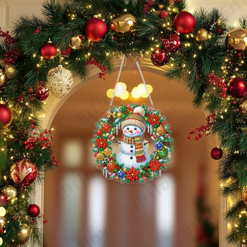 Eiflow Acrylic Christmas Diamond Art Hanging Kit for Adults, DIY Diamonds Painting Door Hanger Ornament Kit Snowman Wreath Crystal Diamond Art Painting Wall Window Hanging Pendant - color: Christmas Wreath