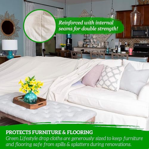All Purpose Canvas Drop Cloth 4x12, Canvas Tarp for Painting, Bundle with Painting Tool Kit with Roller Covers, Roller Frames, Brushes and Tray for Household Painting, Cabinets and Crafts (11-Piece) - size: 1 Pack - 4x12 with Painting Tool Kit