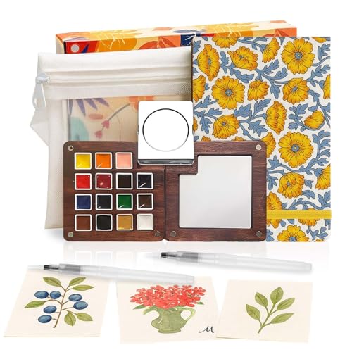 Mini Watercolor Paint Set - 15 Color Travel Watercolor Kit, Pocket Watercolor Paint Palette Set with Watercolor Book, Binder Clips, Pens, Storage Bag, Wooden Paint Box for Painters Artists Student - color: Yellow Flower
