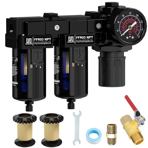 NEWPO 3/8'' NPT Air Drying System, Double Brass Filter Compressed Air Regulator, Air Pressure Regulator Combo 5&5 Micron Filter Cartridge,Semi-Auto Drain - size: 5&5 brass-3/8" NPT