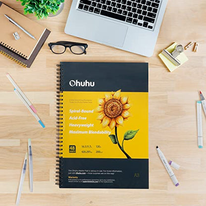Ohuhu 16.5"x11" Marker Paper Pad Art Sketchbook for Drawing and Sketching | XL A3 Large Sketch Book -120 LB/200 GSM Smooth Drawing Paper -48 Sheets/96 Pages -Spiral-Bound Sketch Pad for Alcohol Markers - size: 16.5" x 11"