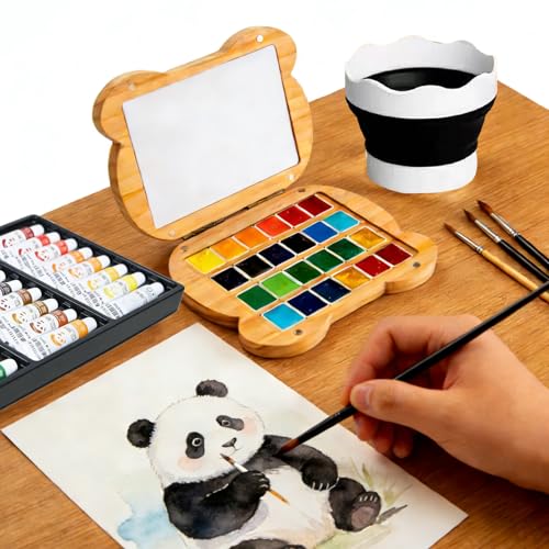 Mini Watercolor Paint Travel Set Palette Acrylic Paint 24 Colors | Panda Pocket with 24 Colors，Acrylic Brush Kit，Wooden Palette，Sketchbook，Folding Water Cup for Kids Painters Students - color: 24 Grids