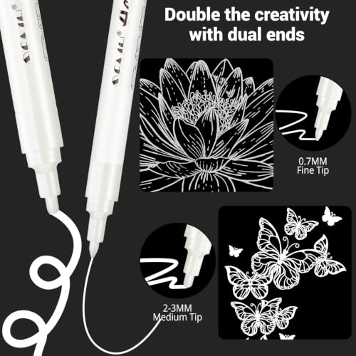 SFAIH Acrylic White Paint Pens - 8 Pack 2-3MM Medium Tip & 0.7MM Extra Fine Paint Marker for Rock Painting, Wood, Metal, Fabric, Plastic, Canvas, Glass, Ceramic, Diy Crafts, White Out Pen | High Coverage, Waterproof Permanent Marker,Rock Painting, Wood, F
