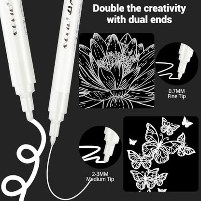 SFAIH Acrylic White Paint Pens - 8 Pack 2-3MM Medium Tip & 0.7MM Extra Fine Paint Marker for Rock Painting, Wood, Metal, Fabric, Plastic, Canvas, Glass, Ceramic, Diy Crafts, White Out Pen | High Coverage, Waterproof Permanent Marker,Rock Painting, Wood, F