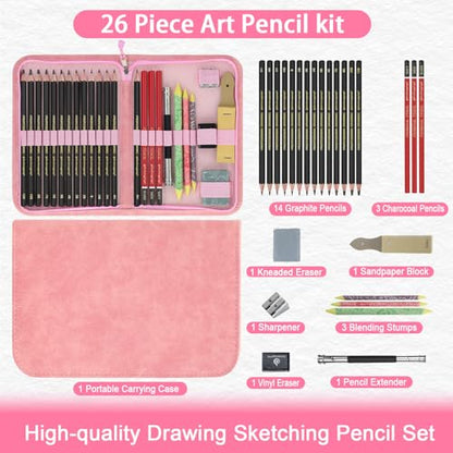 Heshengping, Sketching and Drawing Pencils Set 26pcs, Art Supplies Drawing pencil Kit,Graphite Charcoal Professional Pencils Set, Adults Beginners Artist - style: 26 Pack Sketching Pencils Pink