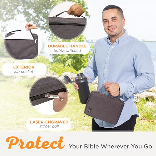 Christian Art Gifts Men & Women’s Bible Cover – Gray Canvas, Large Size with Jesus Fish Symbol – Durable, Inspirational Scripture Case with Zipper Closure, Handle, Pen Loop & Storage Pockets - color: Gray/Jesus Fish, size: Large