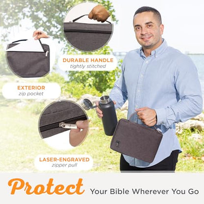 Christian Art Gifts Men & Women’s Bible Cover – Gray Canvas, Large Size with Jesus Fish Symbol – Durable, Inspirational Scripture Case with Zipper Closure, Handle, Pen Loop & Storage Pockets - color: Gray/Jesus Fish, size: Large