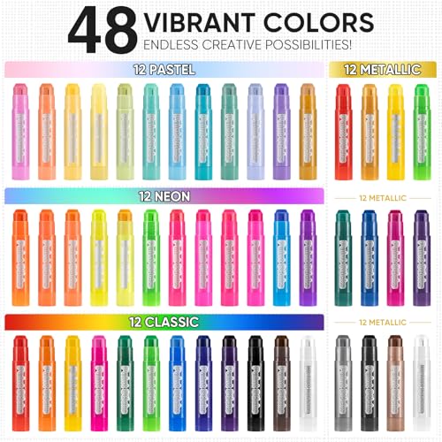 48 Colors Tempera Paint Sticks,Washable Paint Sticks for Kids,Non-Toxic,90s Quick Drying, Allergen Free and High Coverage Solid Tempera Paint Stick,Ideal Gifts for Kids and Toddlers - color: 12 Classic+12 Metallic+12 Pastel+12 Neon