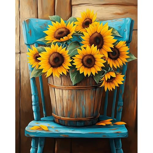 Natuyalo Sunflower Paint by Numbers Kit for Adults, Wooden Barrel Painting by Numbers, DIY Acrylic Paint Kit for Adults, Blue Chair Easy Adult Paint by Number Kits for Wall Decor 16x20 inch - color: Color-01