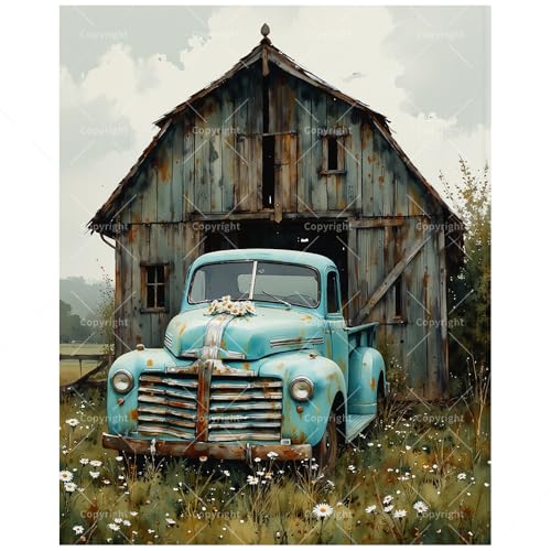 Farm Truck Paint by Numbers Kit for Adults - DIY Old Blue Pickup and Barn Scene Painting on Canvas, Acrylic Paint Set, Suitable for Beginners, Country Art for Home Decoration or Gifts(8X12IN Framed) - color: TCXY06892, size: 8X12IN Framed