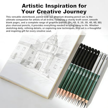 Sketchbook and Pencil Set - Spiral Bound Hardcover with 60 Sheets & 12 Charcoal Pencils (Hard/Medium/Soft) for Professional Artists and Beginners - color: Kraft paper color