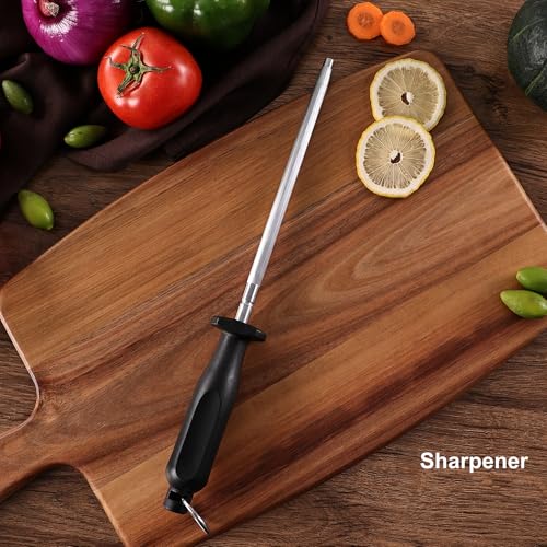 ROMANTICIST Knife Set, 10 Pieces Knife Block Set - Stainless Steel Kitchen Knives with Sharpener and Cheese Knife, Non-Slip Ergonomic Handles, Exquisite Knives Set - Stylish Black - color: Silver round knife block