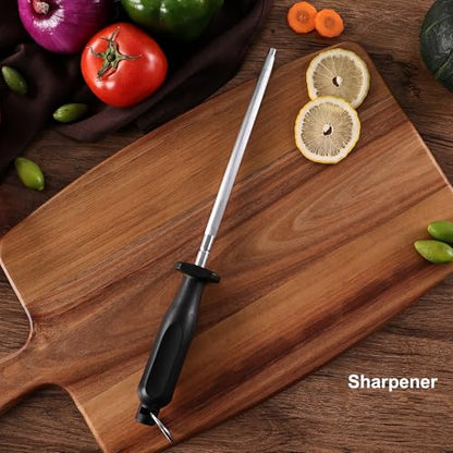 ROMANTICIST Knife Set, 10 Pieces Knife Block Set - Stainless Steel Kitchen Knives with Sharpener and Cheese Knife, Non-Slip Ergonomic Handles, Exquisite Knives Set - Stylish Black - color: Silver round knife block
