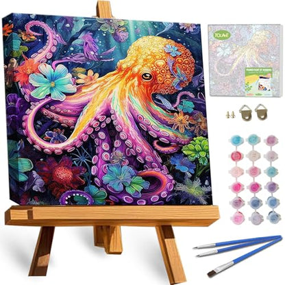 TOCARE Framed Paint by Numbers Kit for Adults Beginners & Kids Ages 8-12,12x12inch Octopus Paint by Number with Frame, Seascape Paint by Numbers Framed Canvas for Amimal Lover(Without Easel) - color: TC-F-293