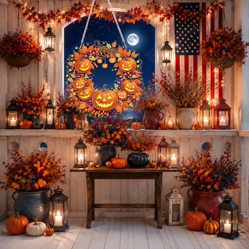 Eiflow Acrylic Diamond Art Hanging Kit for Adults, DIY Diamonds Painting Door Hanger Board Kit, Special Crystal Diamond Art Painting Pendant Ornament (Pumpkin Wreath) - color: Pumpkin Wreath
