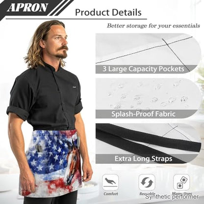 Waist Apron with 3 Pockets Waterproof 13 Inch Short Half Waist Aprons Women Men Server Aprons Waitress Waiter Apron - color: American Flag Horse Print