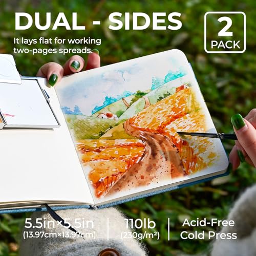 Funto Watercolor Journal, Square, 5.5x5.5, Portable 2-Pack, 48 Pages Each, Blue Cover, 110lb/230gsm, Art Supplies for Mixed Media - color: Blue