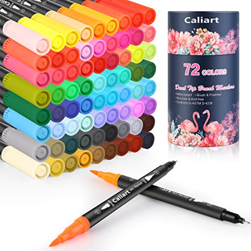 Caliart 72 Colors Double Tip Brush Pen Art Markers for Adult Coloring Books | Artist Fine & Brush Coloring Markers for Journaling Calligraphy Lettering Planners Drawing Teacher Office Art Supplies - color: Black, size: 1 Count (Pack of 72)