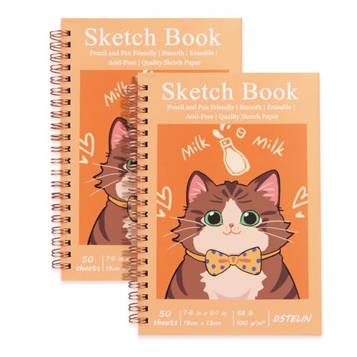 DSTELIN 2 Pack Spiral Bound Sketchbooks (100 GSM Sketch Paper), 50 Sheets per Pack, 7.5" x 5.1" Sketchbook with Yellow Hard Cover for Painting, Drawing and Sketching
