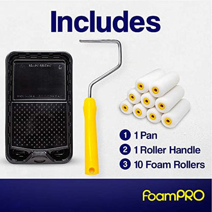 FoamPRO 4” Fine Finish Paint Roller Kit | 1 Plastic Paint Tray, 1 Roller Handle, 10 Foam Rollers | Mini Foam Roller Kit w/Roller Pan | Home Painting Supplies & Paint Tools, Multicolor, 164 (164KIT) - style: (4 Inch) Paint Kit