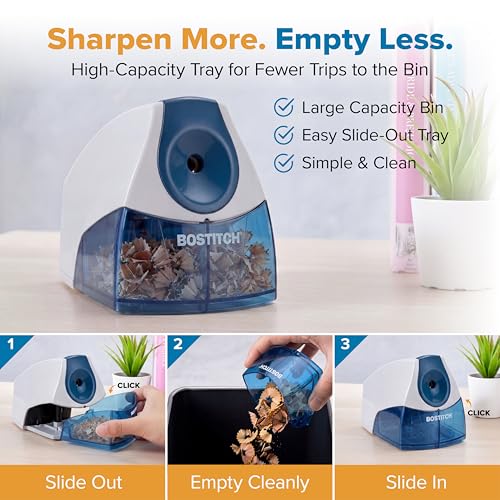 Bostitch Office Electric Pencil Sharpener for Classroom & Desk Use, Heavy-Duty Stall-Free Motor, High-Capacity Shavings Tray, Blue - color: Blue