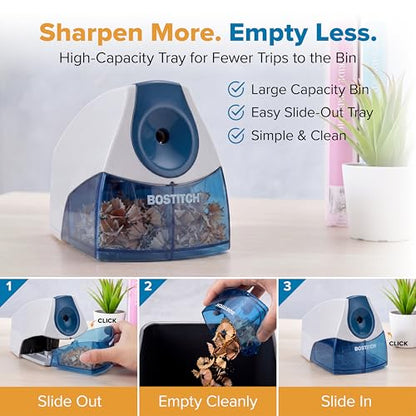 Bostitch Office Electric Pencil Sharpener for Classroom & Desk Use, Heavy-Duty Stall-Free Motor, High-Capacity Shavings Tray, Blue - color: Blue
