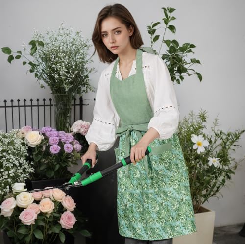 Cute Floral Apron for Women with Pockets, Cotton, Adjustable Straps - color: Light Green