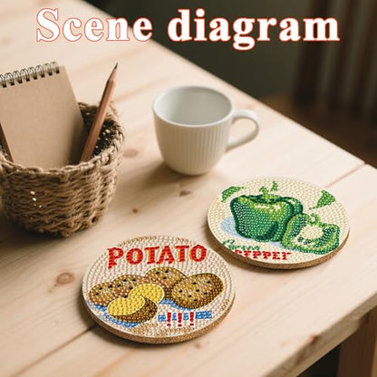 DOTSOPS 6 Pcs Vegetable Diamond Painting Coasters with Holder for Beginners - color: Evegetable