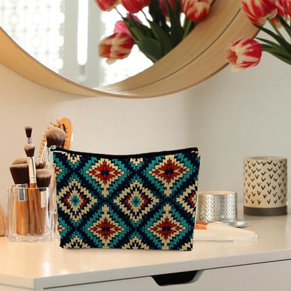 Boho Aztec Makeup Bag, Ethnic Southwestern Navajo Tribal Cosmetic Bag for Women, Western Gifts and Accessories - color: Boho Aztec