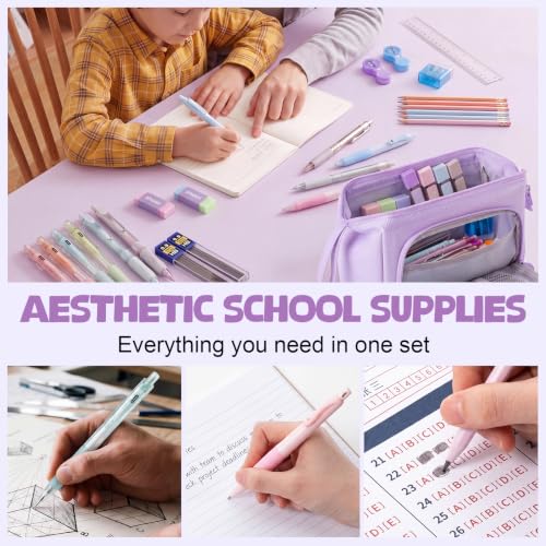 Eersida 47 Pcs Aesthetic School Supplies with Cute Pen Case, Mechanical Pencils 0.5mm, 0.7mm, 0.9mm & 2.0mm with Leads and Eraser Refills, Wood Pencils #2, for Writing, Drawing & Drafting(Purple) - color: Purple