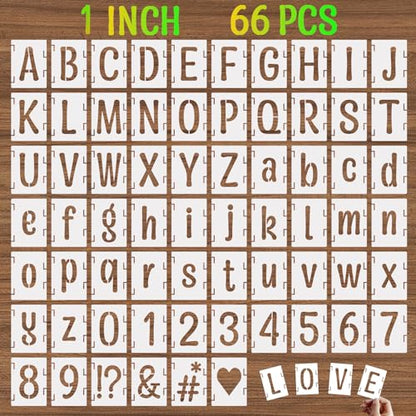 1 Inch Alphabet Letter Stencils, 66 Pcs Reusable Plastic Letter Number Symbol Interlocking Drawing Template Kit for Painting on Wood, Wall, Glass, Fabric, Signage, Door Porch - size: 1 Inch