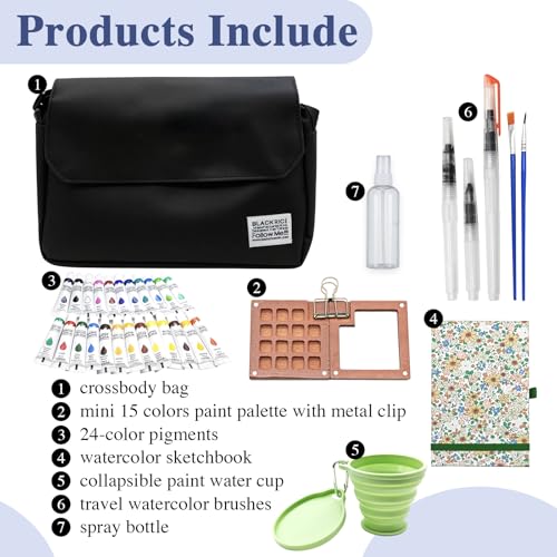 24-Color Mini Travel Watercolor Set, Black | Pocket Watercolor Set, With Sketches - color: black