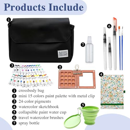24-Color Mini Travel Watercolor Set, Black | Pocket Watercolor Set, With Sketches - color: black