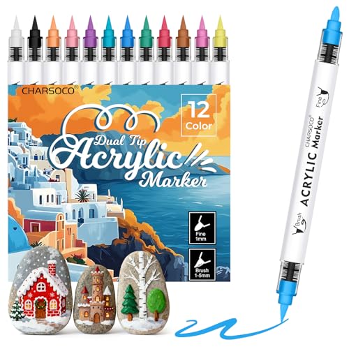 Acrylic Paint Markers, 12 Colors Dual Tip Acrylic Paint Pens, Water-Based No-Bleed Markers with Automatic Ink Control System, Bullet & Brush Tip, Works on Paper, Wood, Ceramic, Rock - color: 12 Colors