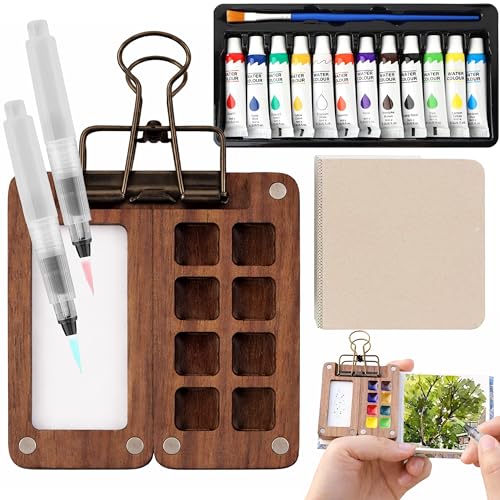 Mini Watercolor Travel Set, Walnut Wood 12 Colors Brush, Sketchbook, 2 Pens